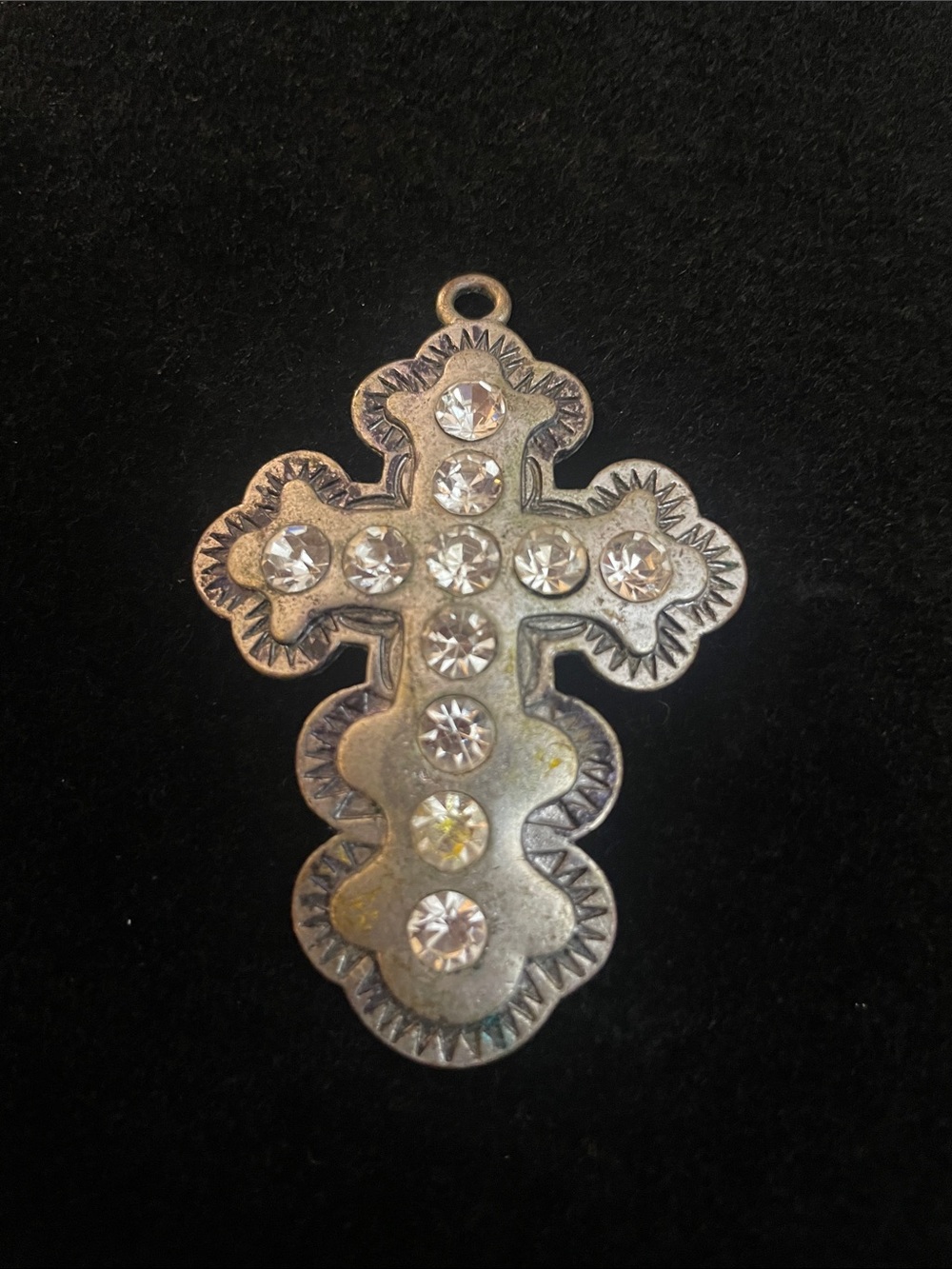 Vintage cross pendant adorned with clear rhinestones UNISEX!